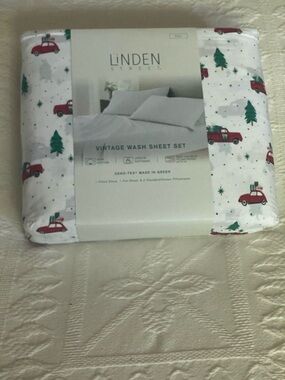 Linden Vintage Wash Sheet Set - White with Red Trucks & Green Trees